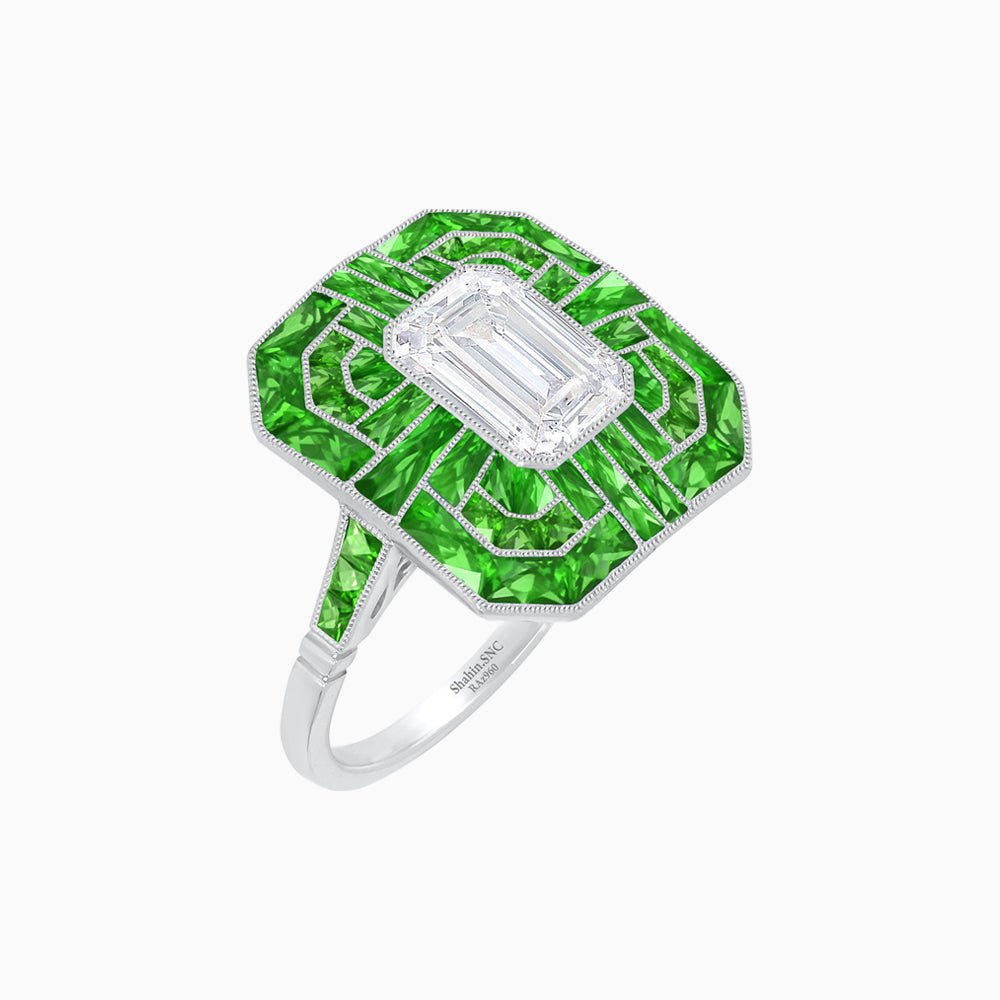 Art Deco Style Emerald Cut Geometric Engagement Ring with Diamond - Shahin Jewelry