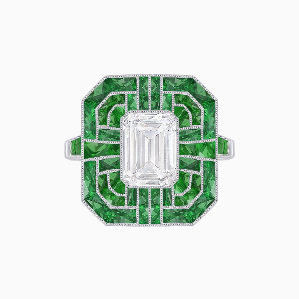 Art Deco Style Emerald Cut Geometric Engagement Ring with Diamond - Shahin Jewelry