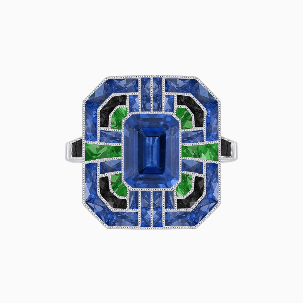 Art Deco Style Emerald Cut Geometric Engagement Ring with Diamond - Shahin Jewelry