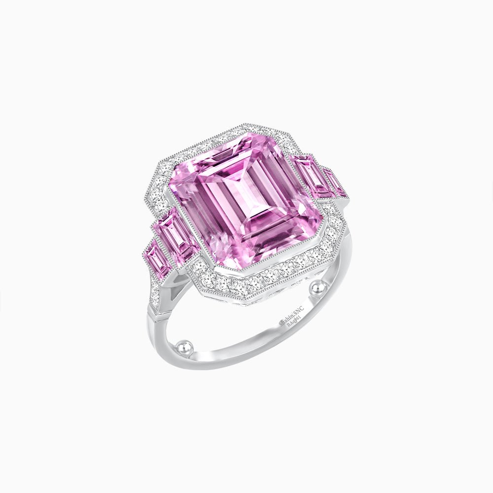 Art Deco Style Emerald Cut Ring Mounting with Diamond Halo and Matching Baguette Side Gemstones - Shahin Jewelry