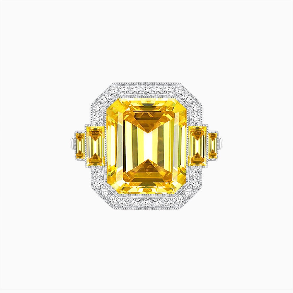 Art Deco Style Emerald Cut Ring Mounting with Diamond Halo and Matching Baguette Side Gemstones - Shahin Jewelry