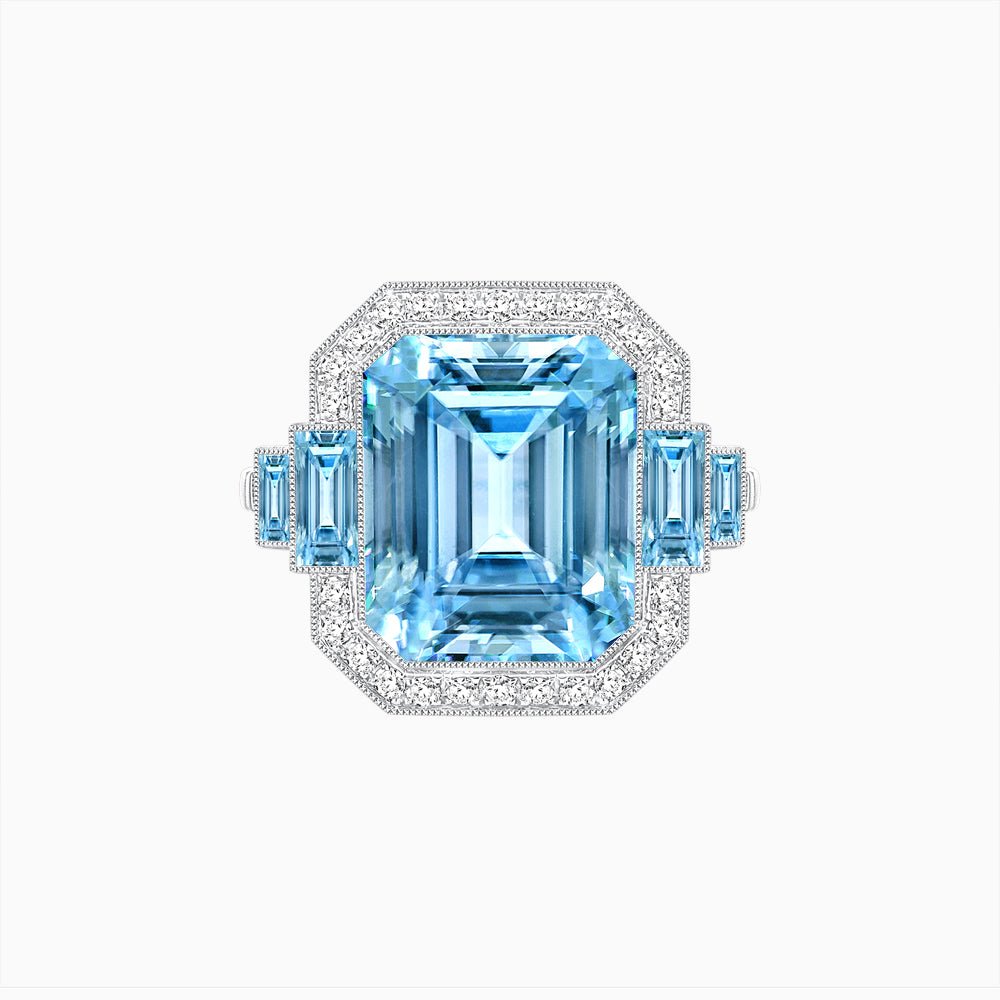 Art Deco Style Emerald Cut Ring Mounting with Diamond Halo and Matching Baguette Side Gemstones - Shahin Jewelry