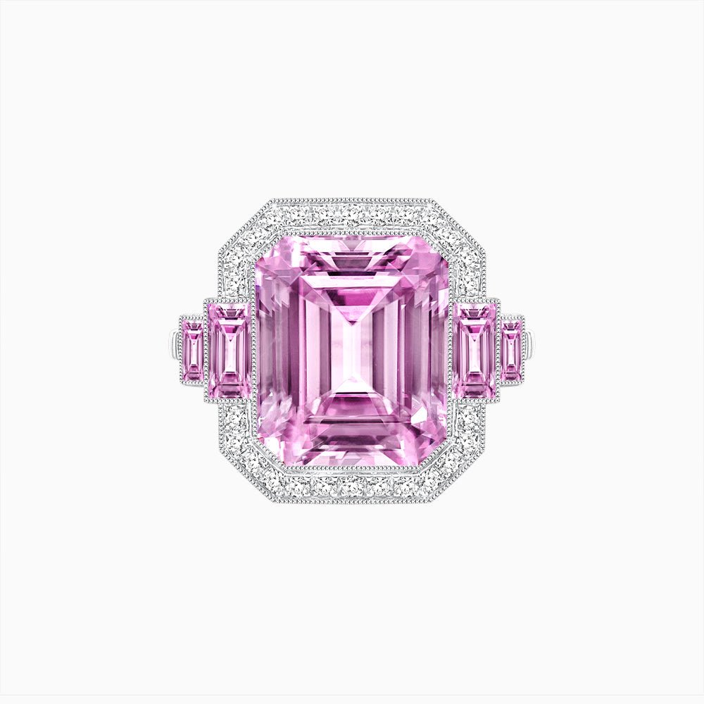 Art Deco Style Emerald Cut Ring Mounting with Diamond Halo and Matching Baguette Side Gemstones - Shahin Jewelry