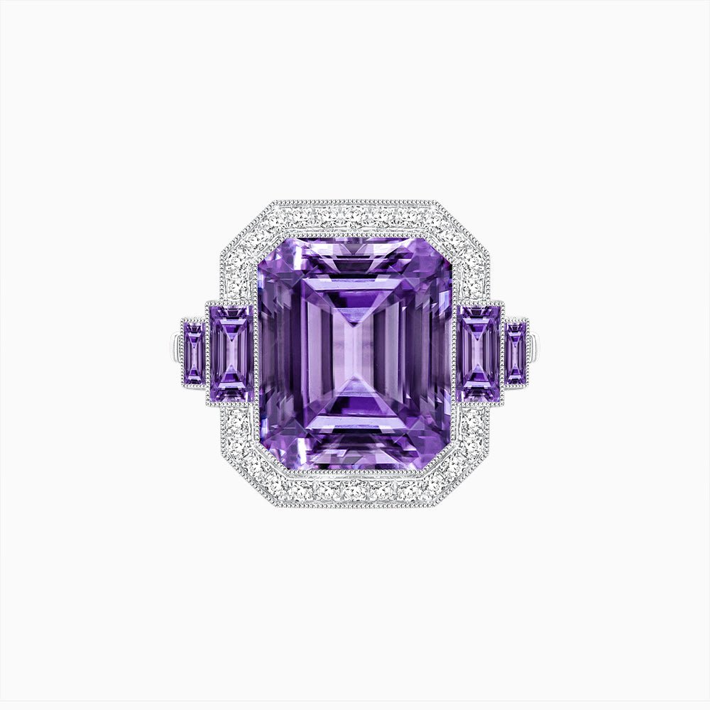 Art Deco Style Emerald Cut Ring Mounting with Diamond Halo and Matching Baguette Side Gemstones - Shahin Jewelry