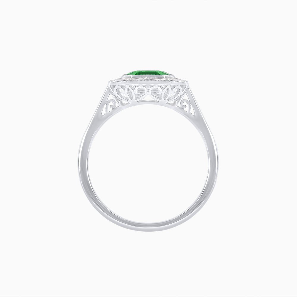 Art Deco Style Emerald Cut Ring with Calibre - Cut Baguette Diamond Halo - Shahin Jewelry