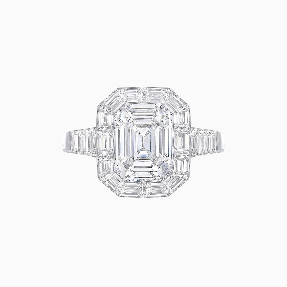 Art Deco Style Emerald Cut Ring with Calibre - Cut Baguette Diamond Halo - Shahin Jewelry