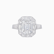Art Deco Style Emerald Cut Ring with Calibre - Cut Baguette Diamond Halo - Shahin Jewelry