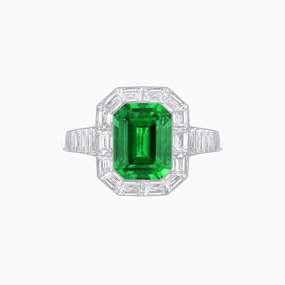 Art Deco Style Emerald Cut Ring with Calibre - Cut Baguette Diamond Halo - Shahin Jewelry