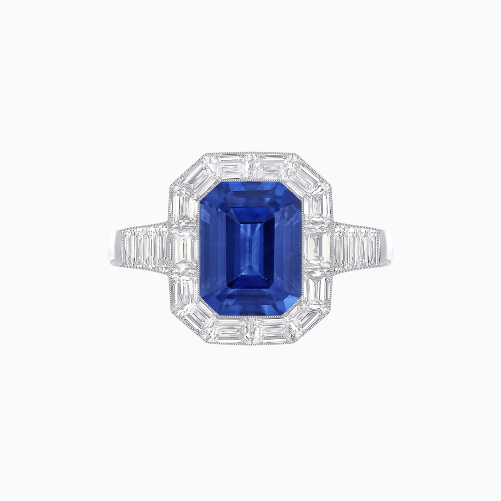 Art Deco Style Emerald Cut Ring with Calibre - Cut Baguette Diamond Halo - Shahin Jewelry