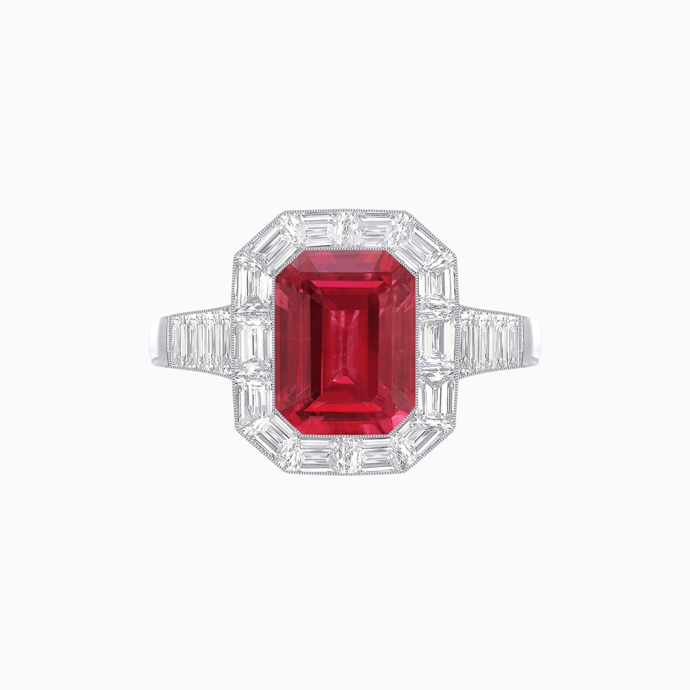 Art Deco Style Emerald Cut Ring with Calibre - Cut Baguette Diamond Halo - Shahin Jewelry