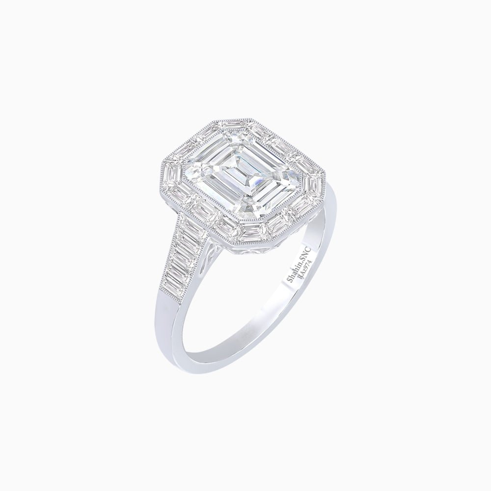 Art Deco Style Emerald Cut Ring with Calibre - Cut Baguette Diamond Halo - Shahin Jewelry