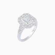 Art Deco Style Emerald Cut Ring with Calibre - Cut Baguette Diamond Halo - Shahin Jewelry