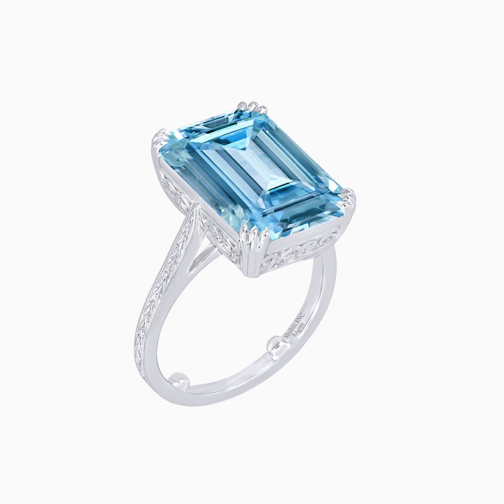 Art Deco Style Emerald Cut Ring with Hand - Engraved Shank - Shahin Jewelry