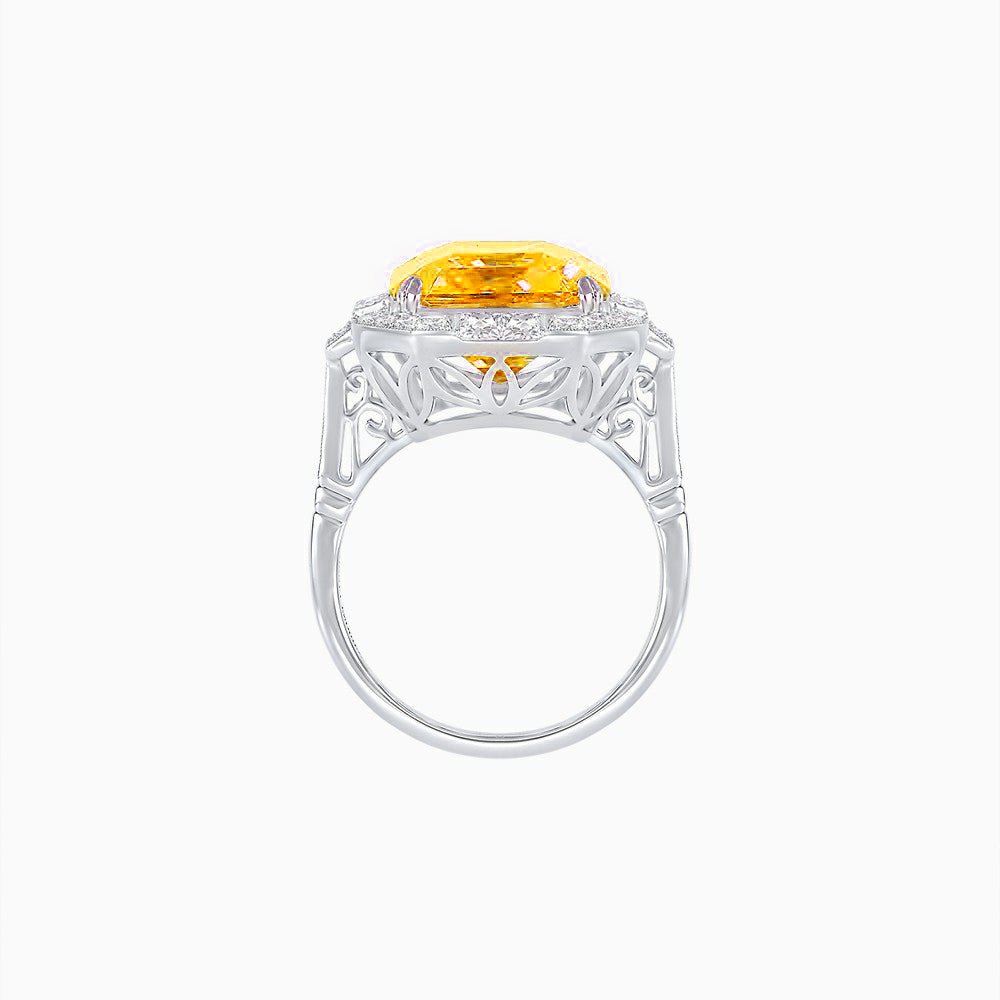 Art Deco Style Emerald Cut Semi-Precious Gemstone Ring with Octagonal Diamond Halo - Shahin Jewelry