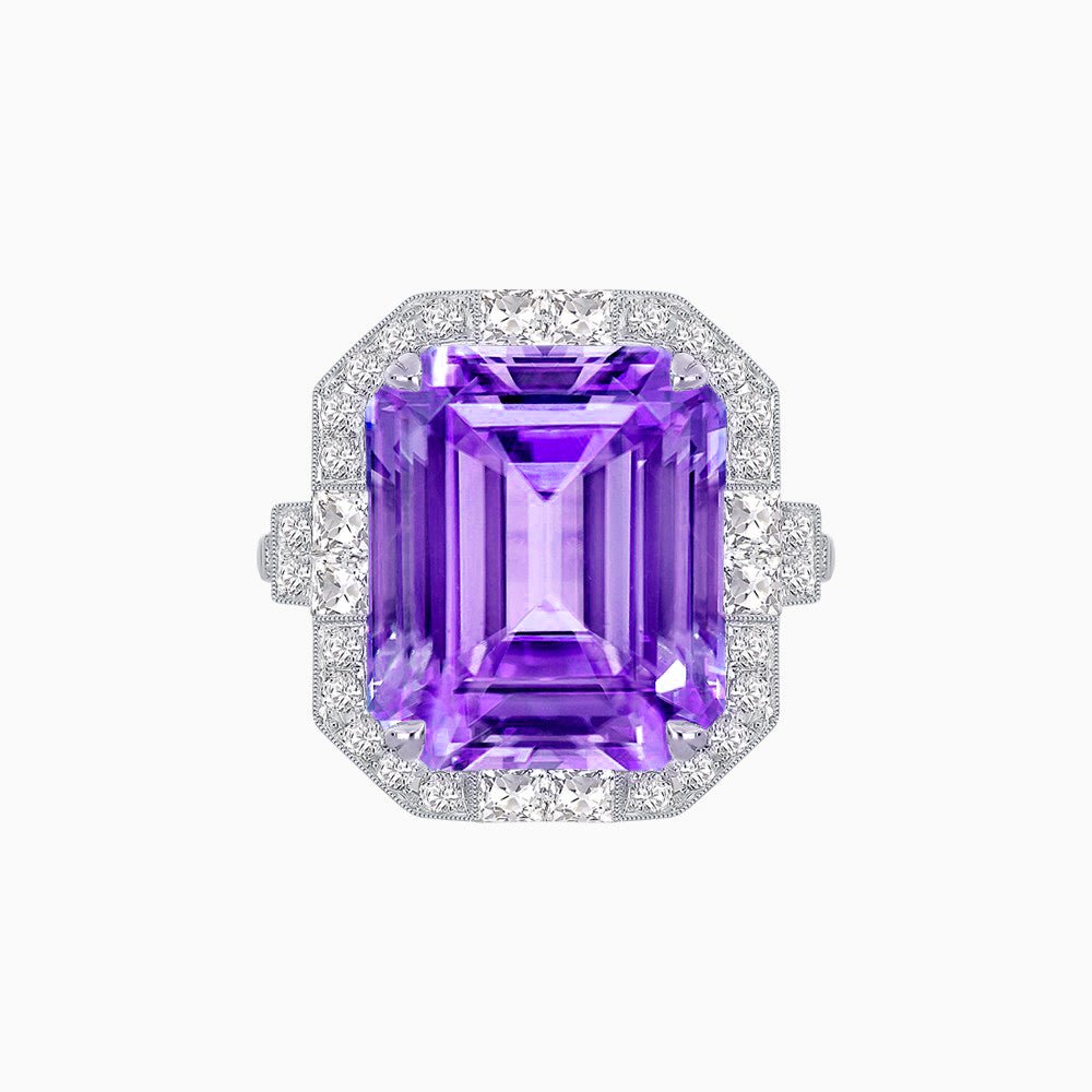 Art Deco Style Emerald Cut Semi-Precious Gemstone Ring with Octagonal Diamond Halo - Shahin Jewelry