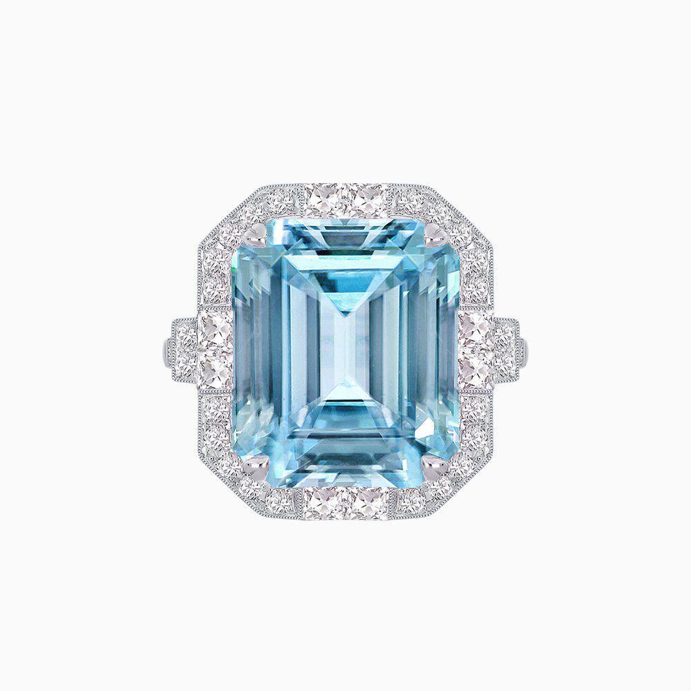 Art Deco Style Emerald Cut Semi-Precious Gemstone Ring with Octagonal Diamond Halo - Shahin Jewelry