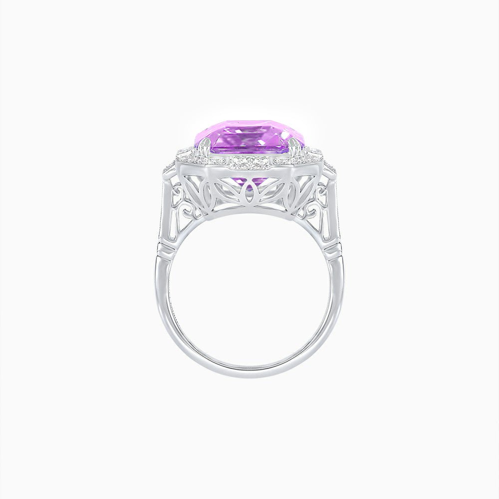 Art Deco Style Emerald Cut Semi-Precious Gemstone Ring with Octagonal Diamond Halo - Shahin Jewelry