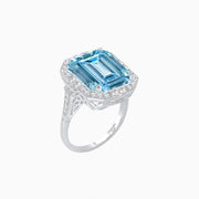 Art Deco Style Emerald Cut Semi-Precious Gemstone Ring with Octagonal Diamond Halo - Shahin Jewelry