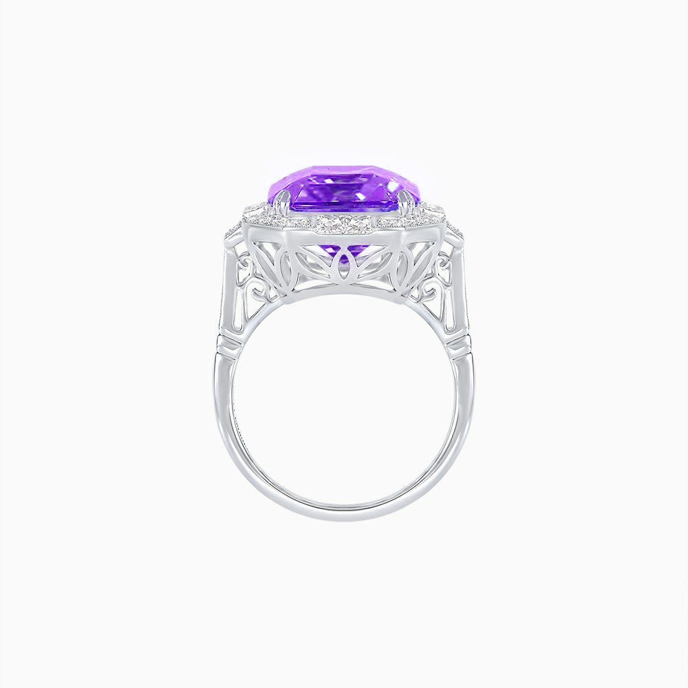 Art Deco Style Emerald Cut Semi-Precious Gemstone Ring with Octagonal Diamond Halo - Shahin Jewelry