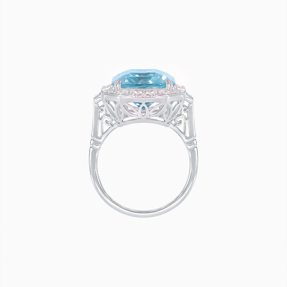 Art Deco Style Emerald Cut Semi-Precious Gemstone Ring with Octagonal Diamond Halo - Shahin Jewelry