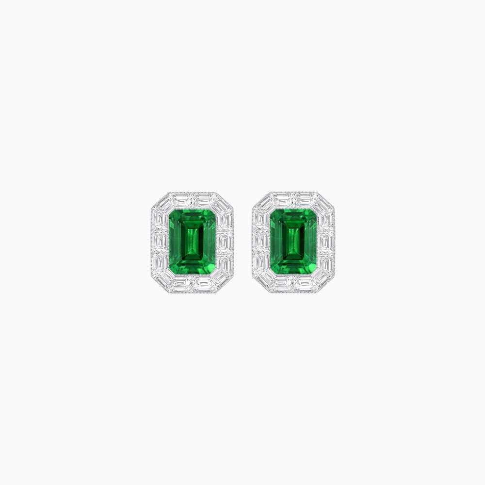 Art Deco Style Emerald Cut Stud Earrings with Baguette Diamond Halo - Shahin Jewelry