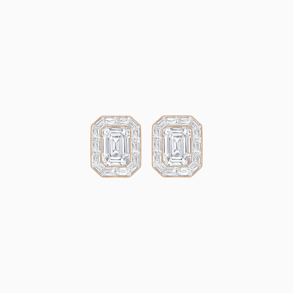 Art Deco Style Emerald Cut Stud Earrings with Baguette Diamond Halo - Shahin Jewelry