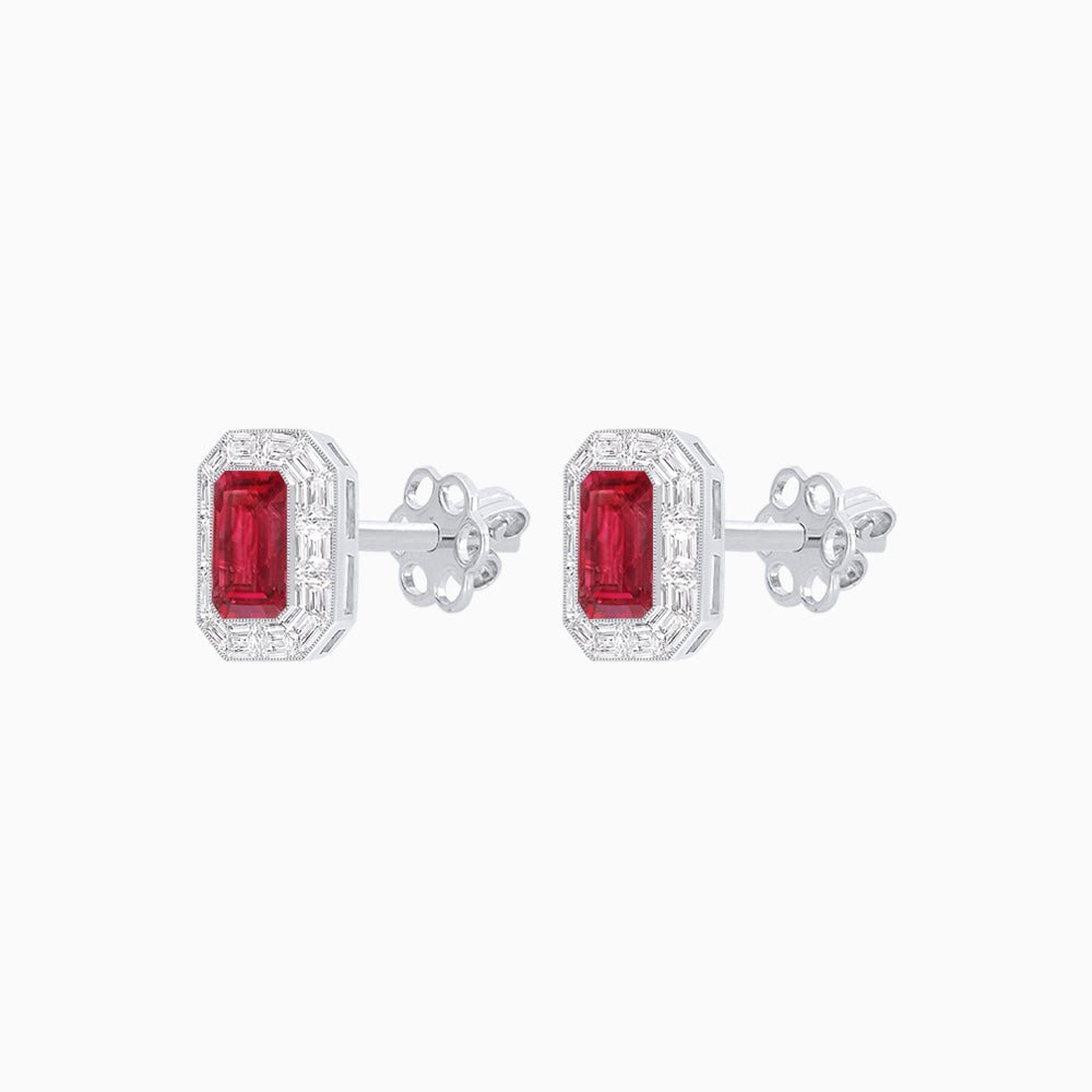Art Deco Style Emerald Cut Stud Earrings with Baguette Diamond Halo - Shahin Jewelry