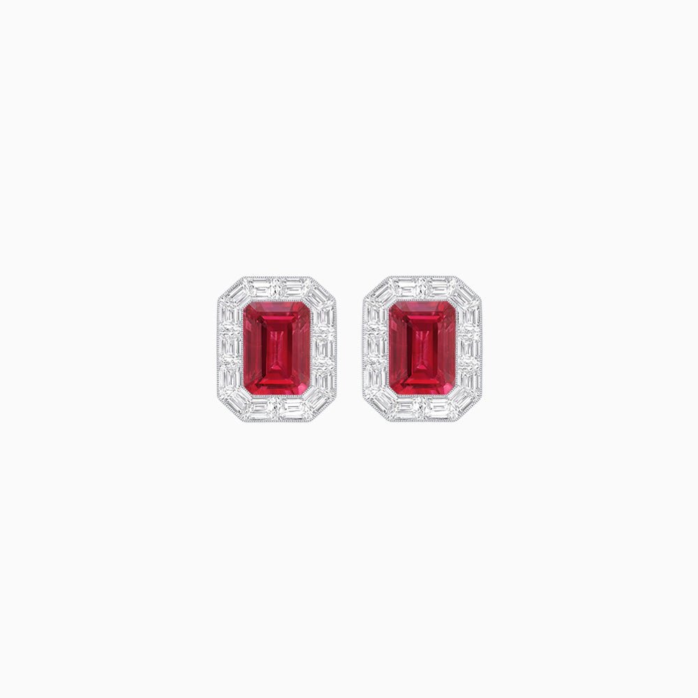 Art Deco Style Emerald Cut Stud Earrings with Baguette Diamond Halo - Shahin Jewelry