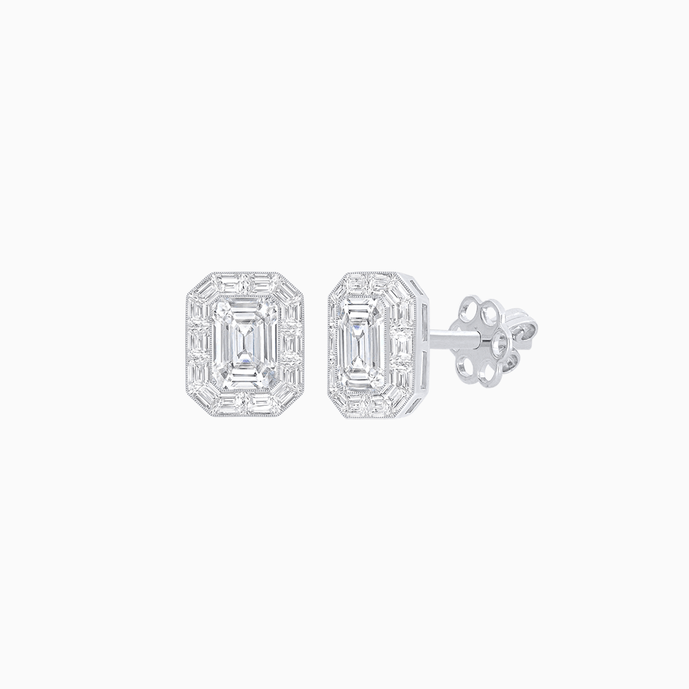 Art Deco Style Emerald Cut Stud Earrings with Baguette Diamond Halo - Shahin Jewelry