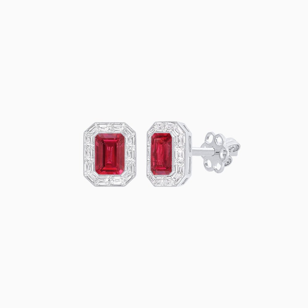 Art Deco Style Emerald Cut Stud Earrings with Baguette Diamond Halo - Shahin Jewelry