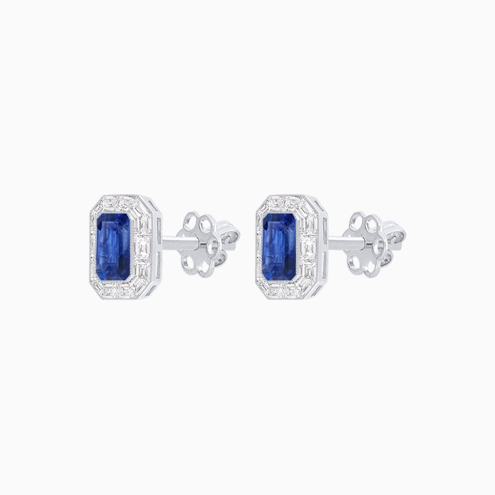Art Deco Style Emerald Cut Stud Earrings with Baguette Diamond Halo - Shahin Jewelry