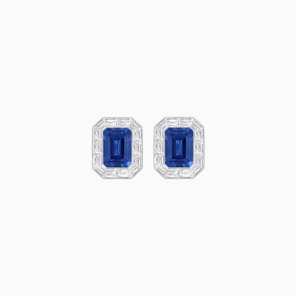 Art Deco Style Emerald Cut Stud Earrings with Baguette Diamond Halo - Shahin Jewelry