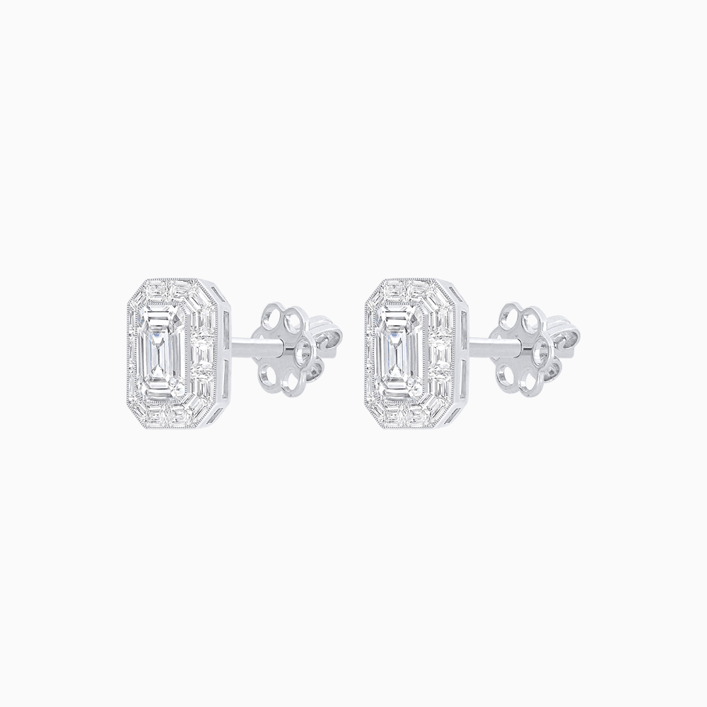 Art Deco Style Emerald Cut Stud Earrings with Baguette Diamond Halo - Shahin Jewelry