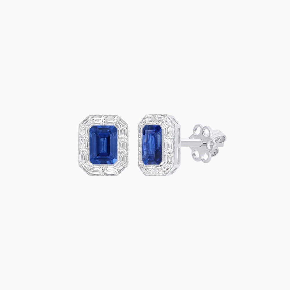 Art Deco Style Emerald Cut Stud Earrings with Baguette Diamond Halo - Shahin Jewelry