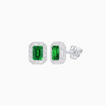 Load image into Gallery viewer, Art Deco Style Emerald Cut Stud Earrings with Baguette Diamond Halo - Shahin Jewelry