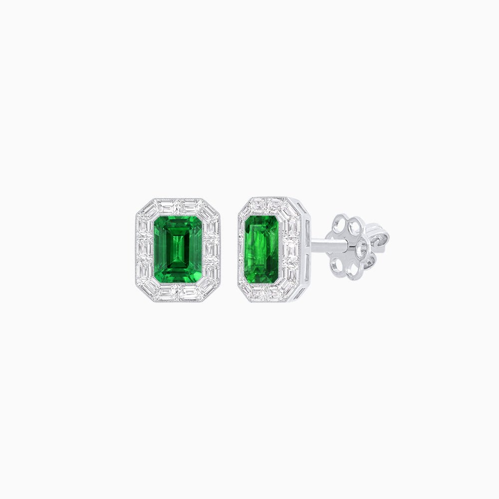 Art Deco Style Emerald Cut Stud Earrings with Baguette Diamond Halo - Shahin Jewelry