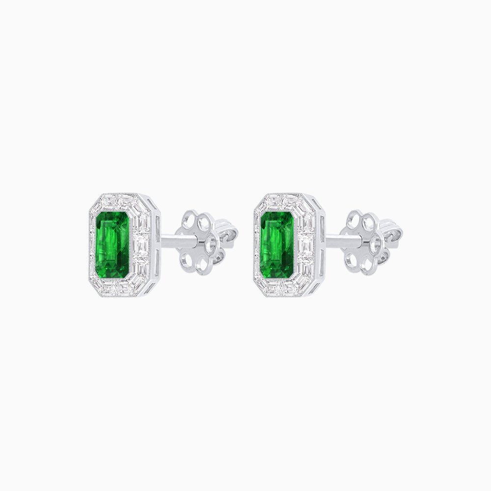 Art Deco Style Emerald Cut Stud Earrings with Baguette Diamond Halo - Shahin Jewelry