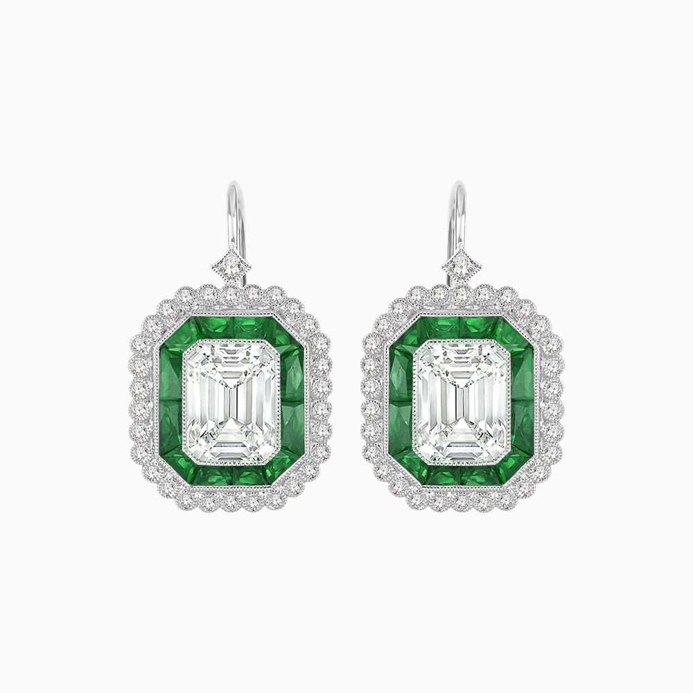 Art Deco Style Emerald Cut Stud Earrings with Illusion Emerald Cut Diamonds - Shahin Jewelry