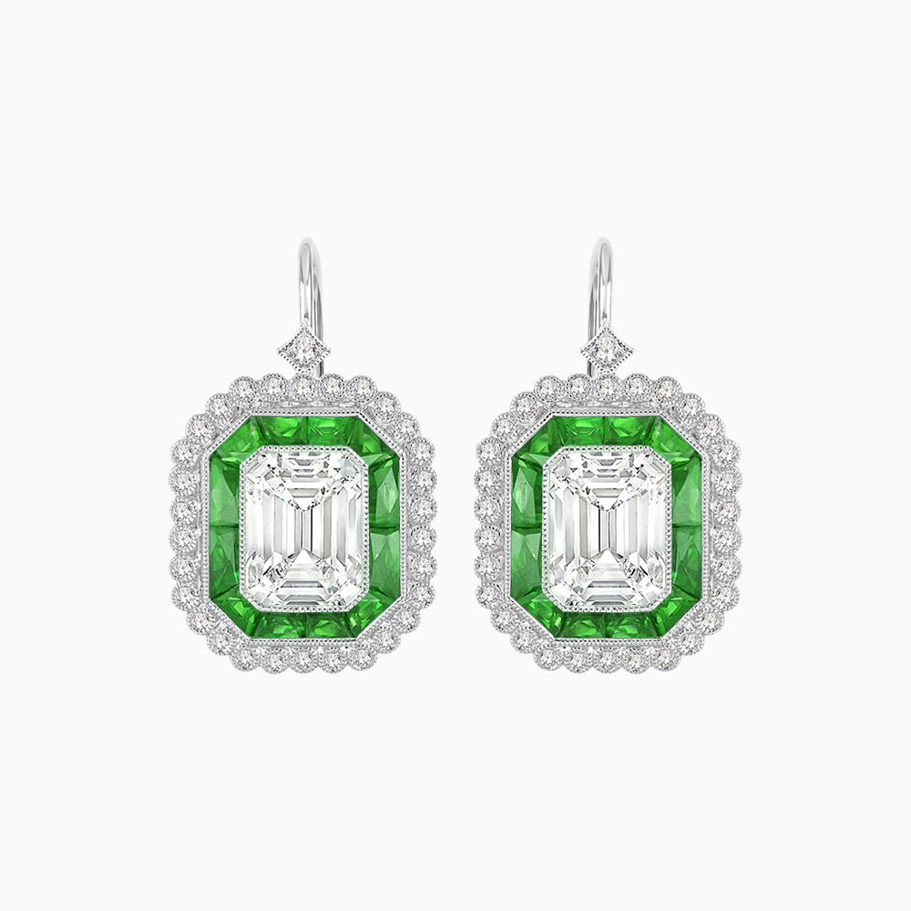 Art Deco Style Emerald Cut Stud Earrings with Illusion Emerald Cut Diamonds - Shahin Jewelry