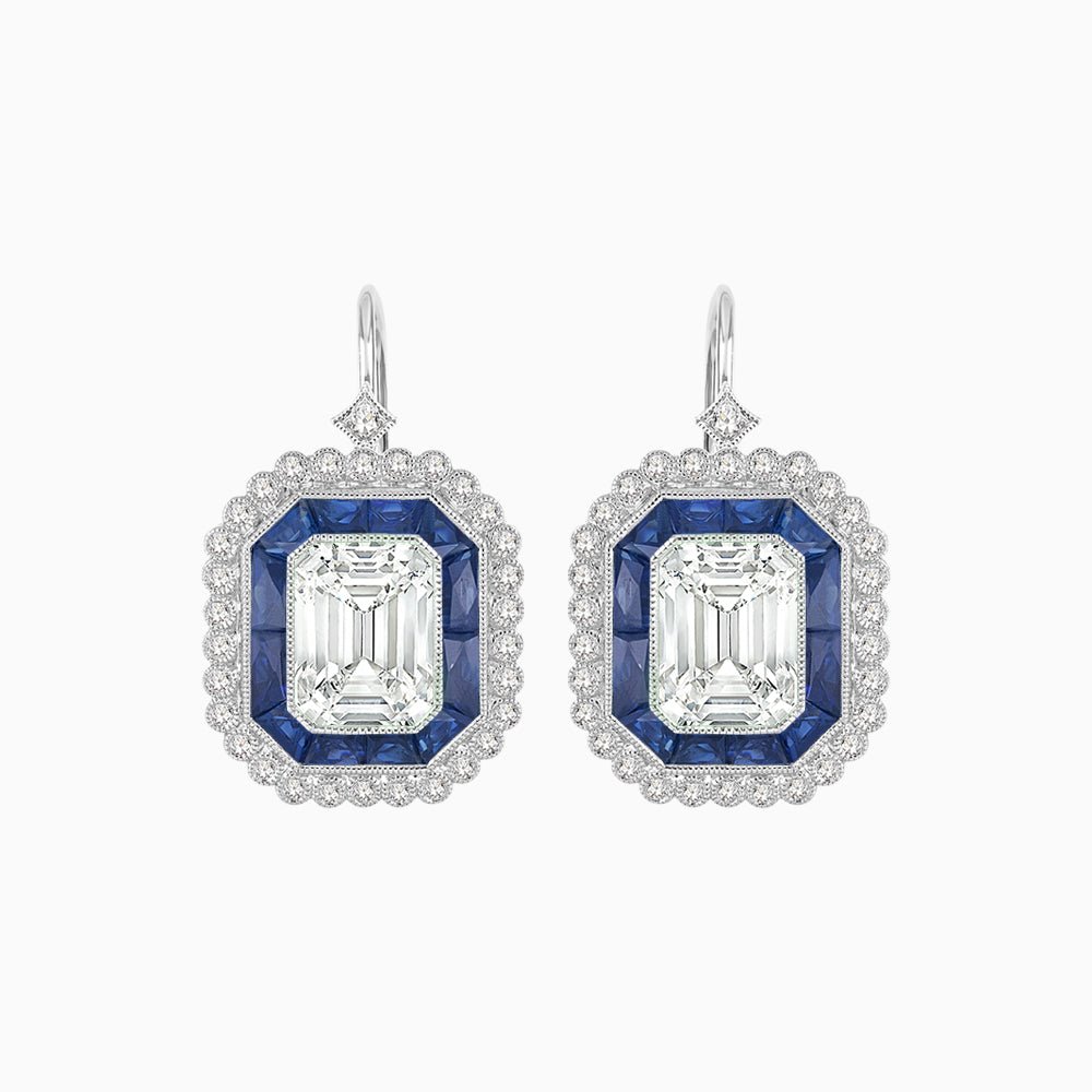 Art Deco Style Emerald Cut Stud Earrings with Illusion Emerald Cut Diamonds - Shahin Jewelry