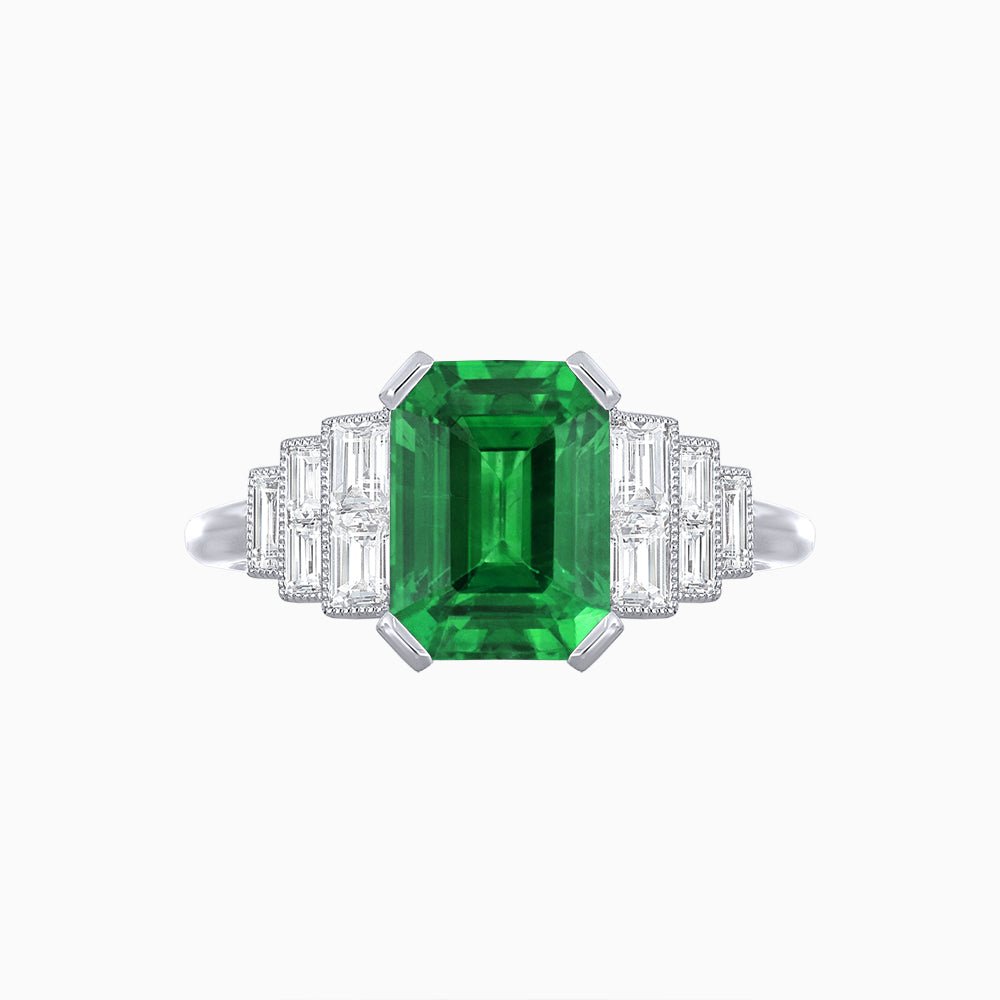 Art Deco Style Emerald Cut Three-Row Baguette Engagement Ring - Shahin Jewelry