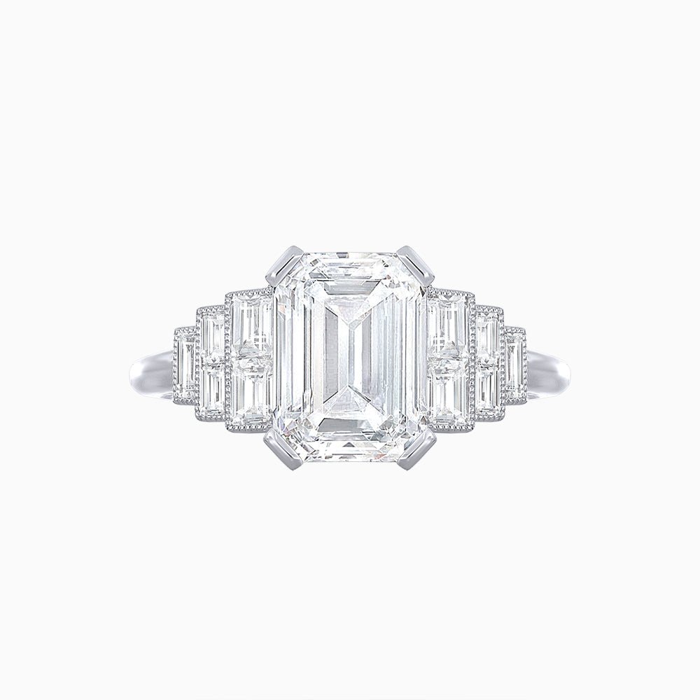 Art Deco Style Emerald Cut Three-Row Baguette Engagement Ring - Shahin Jewelry