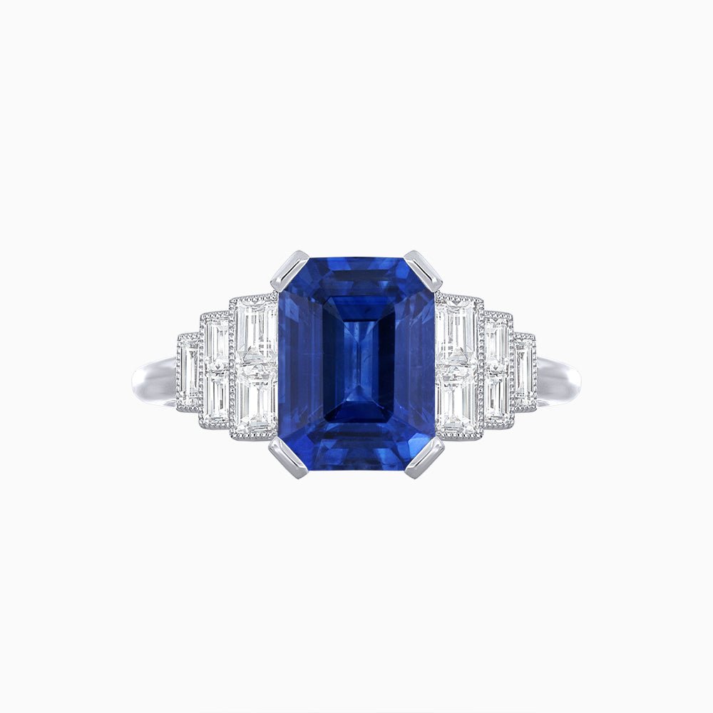 Art Deco Style Emerald Cut Three-Row Baguette Engagement Ring - Shahin Jewelry