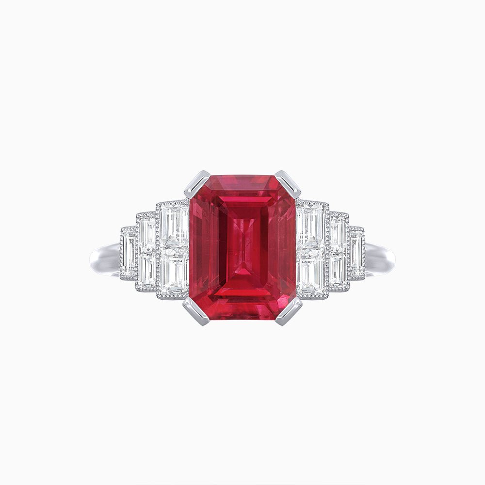 Art Deco Style Emerald Cut Three-Row Baguette Engagement Ring - Shahin Jewelry