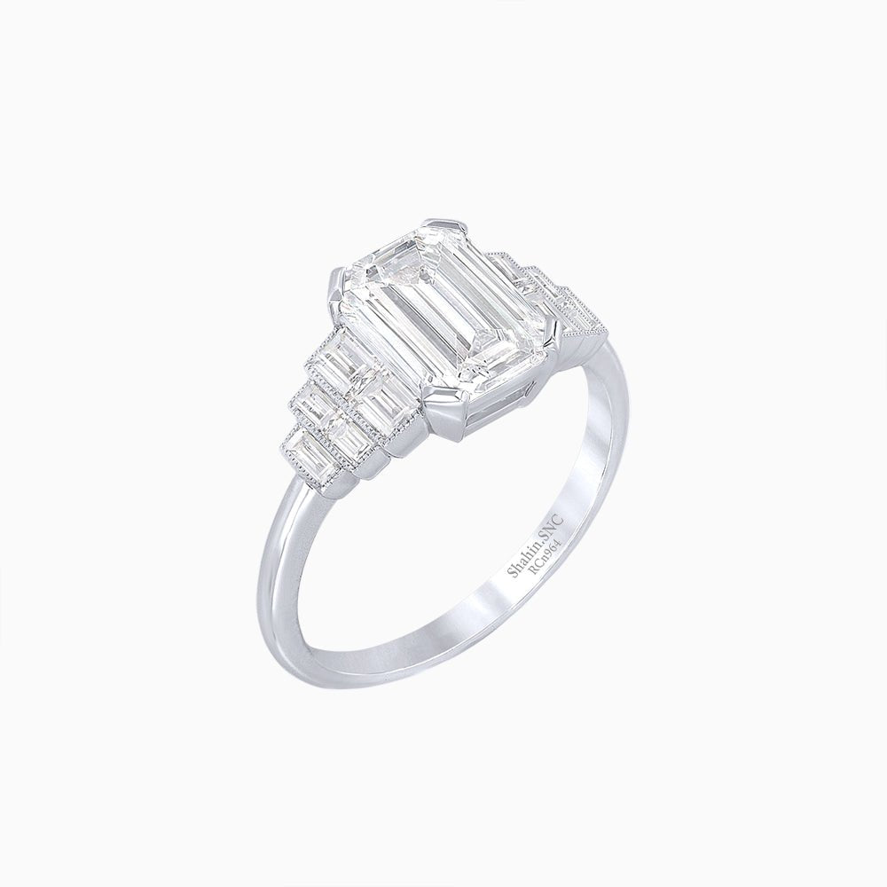 Art Deco Style Emerald Cut Three-Row Baguette Engagement Ring - Shahin Jewelry