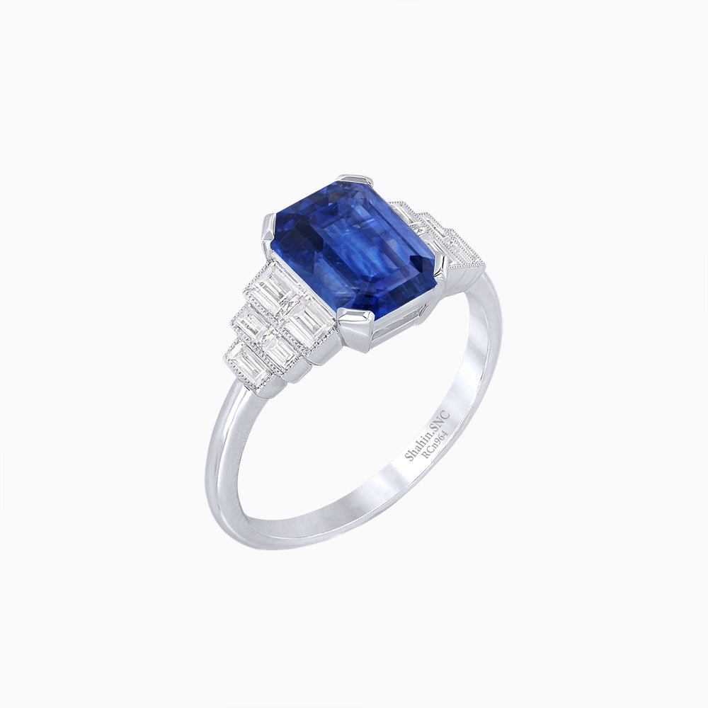 Art Deco Style Emerald Cut Three-Row Baguette Engagement Ring - Shahin Jewelry