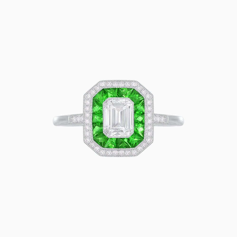 Art Deco Style Emerald Shape Halo Engagement Ring with Diamond - Shahin Jewelry