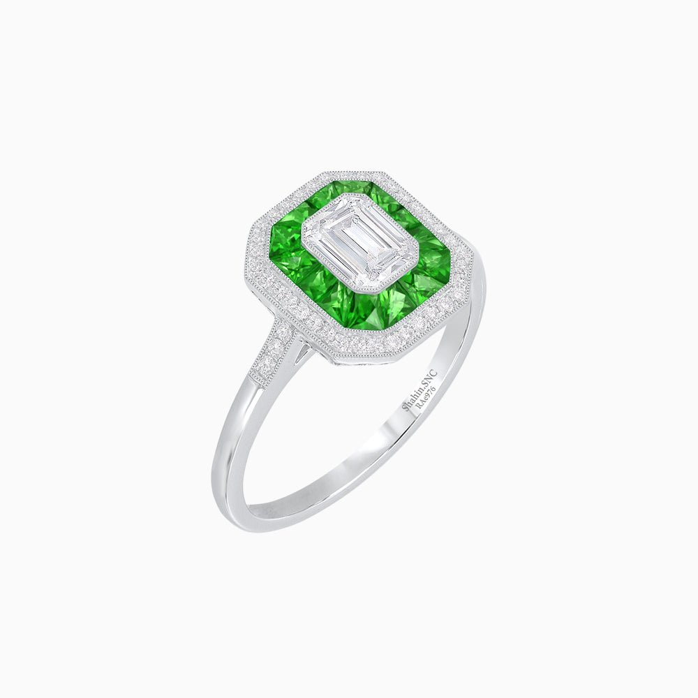 Art Deco Style Emerald Shape Halo Engagement Ring with Diamond - Shahin Jewelry