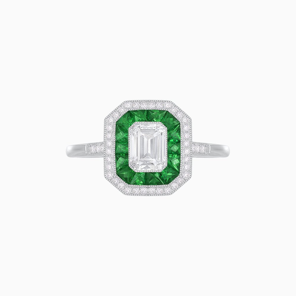 Art Deco Style Emerald Shape Halo Engagement Ring with Diamond - Shahin Jewelry