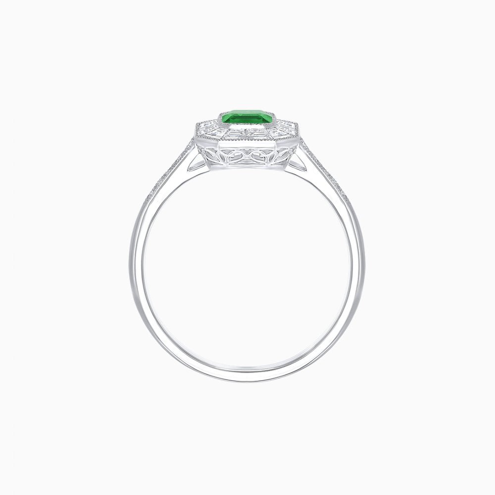 Art Deco Style Emerald Shape Halo Engagement Ring with Gemstone - Shahin Jewelry